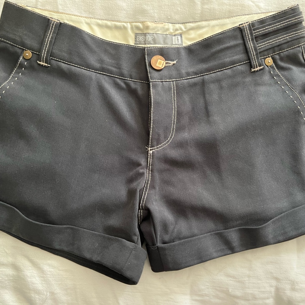 Bishop slate blue shorts with white stitching